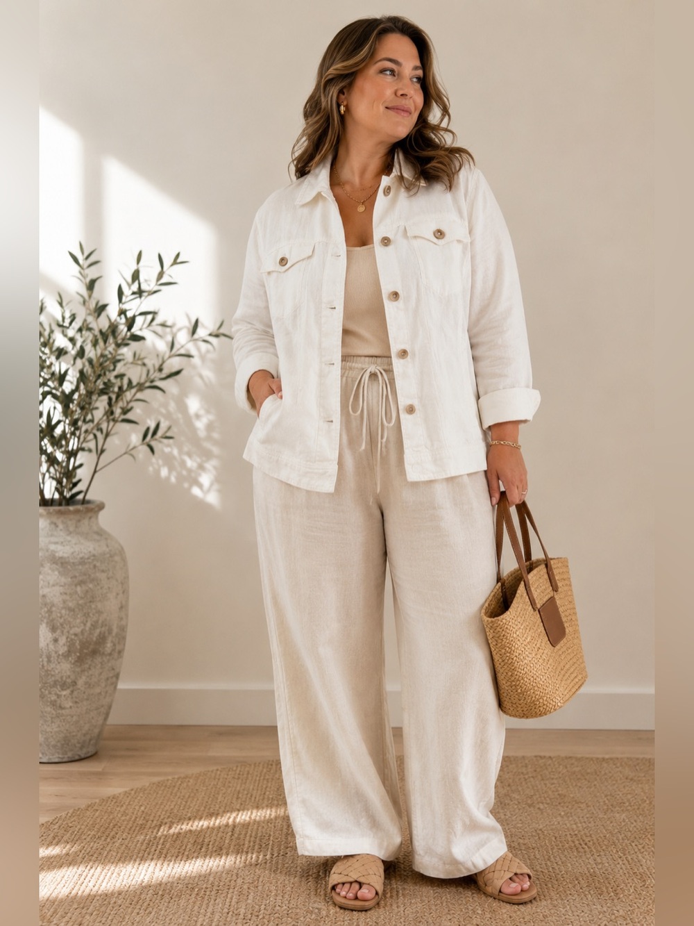 Coldwater Creek 100% Linen Jacket 2X Plus Size White Ivory Utility Coastal